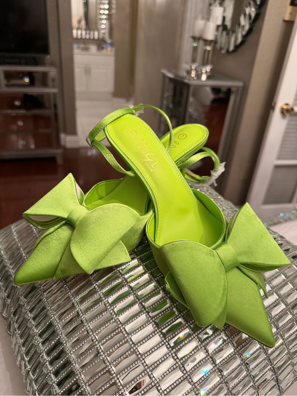 Lime Green Bow Pointed Toe Slingback Heels